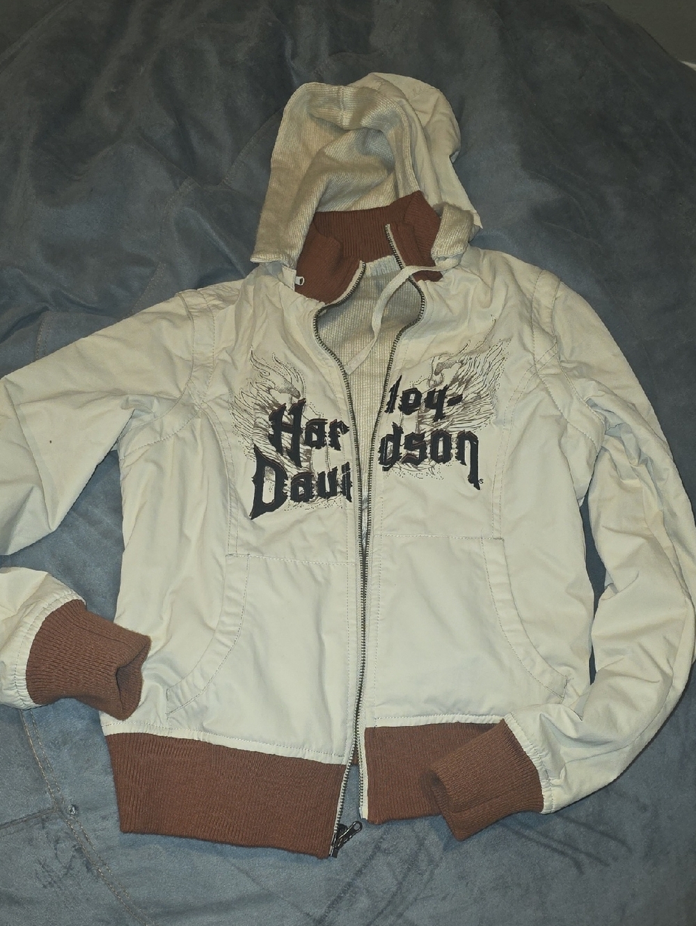 Harley-Davidson Cream Hooded Zip Jacket with Brown Accents